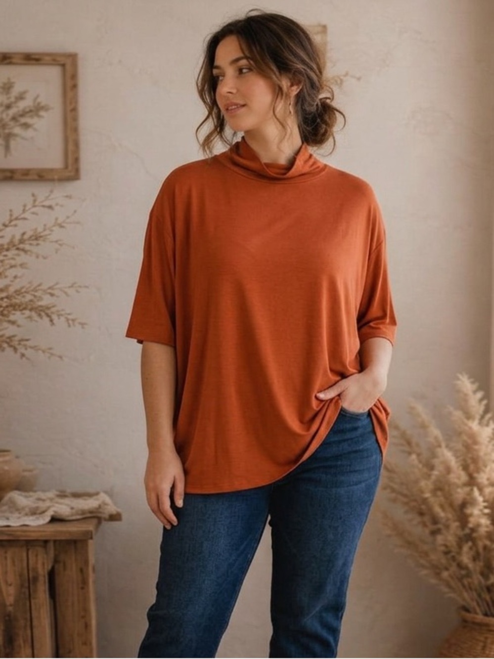 AVA & VIV Burnt Orange Mock Neck Top